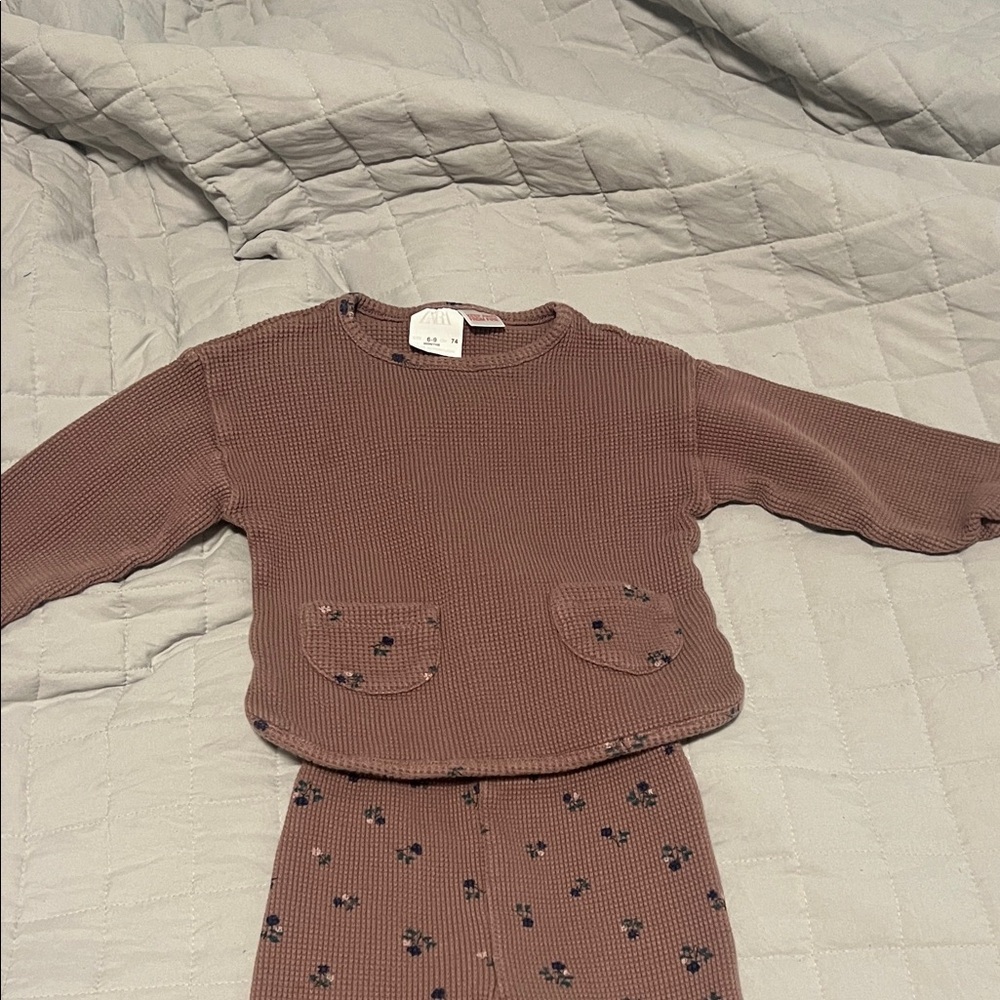 Zara Mauve Ribbed Baby Top & Floral Leggings Set - Picture 3 of 4